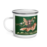 Fox and Fairy enamel cup green forest background handle on left view