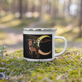 Midnight fairy enamel coffee cup fairy riding deer holding an owl with cresent moon in the background