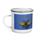 morning buzz enamel coffee cup multi colored stained glass bee on blue background handle on left