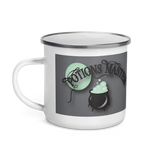 potions master enamel coffee mug black cauldron with green potion bubbles and green moon on gray background handle on left view