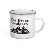 The great outdoors enamel coffee cup with mountian graphic on white background handle on right