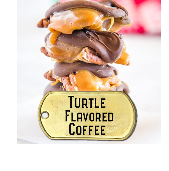turtle flavored coffee pictured with a pile of turtle candy