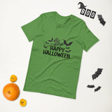 happy halloween green tshirt with black lettering bats spider web and graveyard marker for Halloween