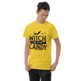 witch way to the candy black lettering on yellow tshirt with bat and wrapped candy