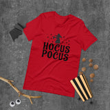 hocus pocus red tshirt with black lettering and outline of a witch