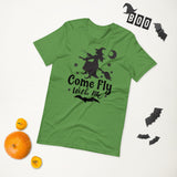 come fly with me green tshirt with black lettering moon and witch flying on a broom