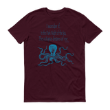 Blue octopus on maroon short sleeved tshirt