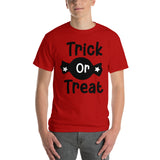 trick or treat black lettering red t shirt for halloween with wrapped candy