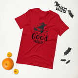 good witch red tshirt with black lettering and a witch riding a broom