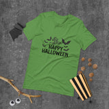 happy halloween green tshirt with black lettering bats spider web and graveyard marker for Halloween