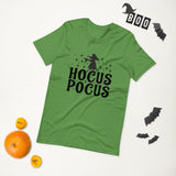 hocus pocus green tshirt with black lettering and outline of a witch