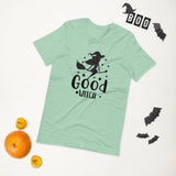 good witch aqua tshirt with black lettering and a witch riding a broom