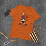 witchy gnome the spell caster orange tshirt with gnome stirring a cauldron, with trees and a full moon in the background