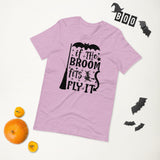 if the broom fits fly it black lettering on lilac tshirt for hallowwen with broom witch and flying bat
