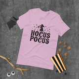 hocus pocus lilac tshirt with black lettering and outline of a witch