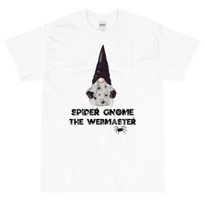 Spider Gnome the Webmaster Orange tshirt black lettering with gnome and spiders