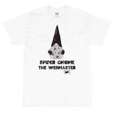 Spider Gnome the Webmaster white tshirt black lettering with gnome and spiders