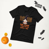 Boo Gnome will never ghost you black halloween tshirt with gnome and orange trick or treat lettering