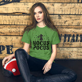 hocus pocus green tshirt with black lettering and outline of a witch