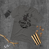 come fly with me asphalt gray tshirt with black lettering moon and witch flying on a broom