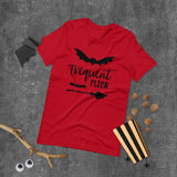 frequent flier red tshirt with black lettering two bats and a broomstick