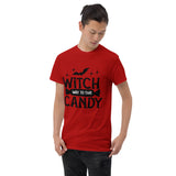 witch way to the candy black lettering on red tshirt for halloween with wrapped candy and bat