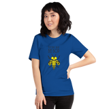 beesley bop mascot blue background electric blue bee bop tshirt