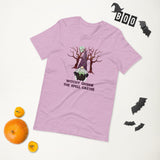 witchy gnome the spell caster lilac tshirt with gnome stirring a cauldron, with trees and a full moon in the background