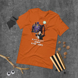 batty catty gnome orange tshirt with gnome in wizard hat holding cat with batwings and a haunted house