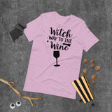 witch way to the wine black lettering on lilac tshirt for halloween