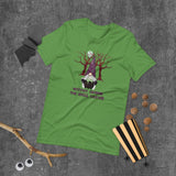 witchy gnome the spell caster green tshirt with gnome stirring a cauldron, with trees and a full moon in the background