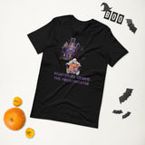 Nightmare gnome the frightmaster black tshirts with purple haunted house purple halloween lettering and gnome holding scary creatures