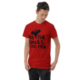all the ghouls love me red tshirt with black lettering spider and howling ghost