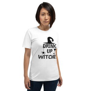 drink up witches red tshirt with black lettering with witch hat spider and bubbling cocktail glass