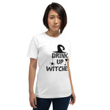 drink up witches white tshirt with black lettering with witch hat spider and bubbling cocktail glass