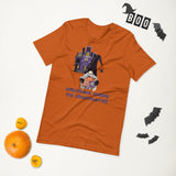 Nightmare gnome the frightmaster orange tshirts with purple haunted house purple halloween lettering and gnome holding scary creatures