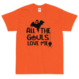 all the ghouls love me orange tshirt with black lettering spider and howling ghost