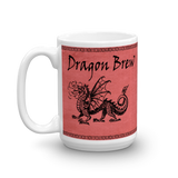 dragon brew cermaic coffee cup with a black dragon  on a pink background large size handle on left