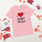 Heart breaker pink tshirt with cracked red heart with an arrow through it