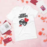 Heart Crusher white tshirt with lifted truck crushing hearts