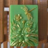 green and gold dragonfly goats milk soap scented with cucumber melon
