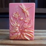 light red hot pink dragonfly goats milk soap scented with red poppy fragrance and gilded with gold mica
