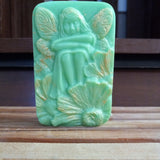 green fairy and wildflowers goats milk soap scented with cucumber melon and brushed with gold mica