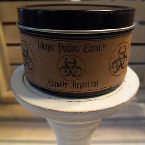 zombie repellent halloween magic spell beeswax candle in black travel tin and craft label