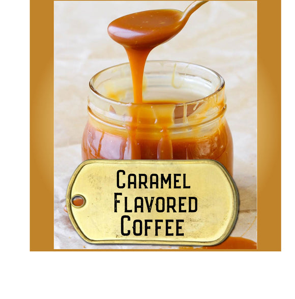 caramel flavored coffee pictured with caramel dripping off of a spoon