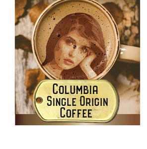columbia single origin coffee pictured with art of a woman in a coffee cup