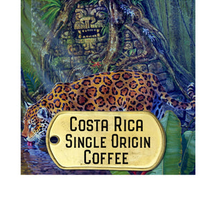 costa rica single orgin coffee pictured witth jagur and Mayan artifact