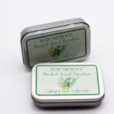 culinary herb seeds in small twist top jars in a pocket sized tin