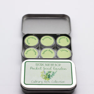 culinary herb seeds in small twist top jars in a pocket sized tin