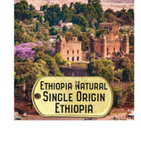 ethiopa natural single origin coffee with a picture of gondar ethiopia in the bacckground, the place coffee originated